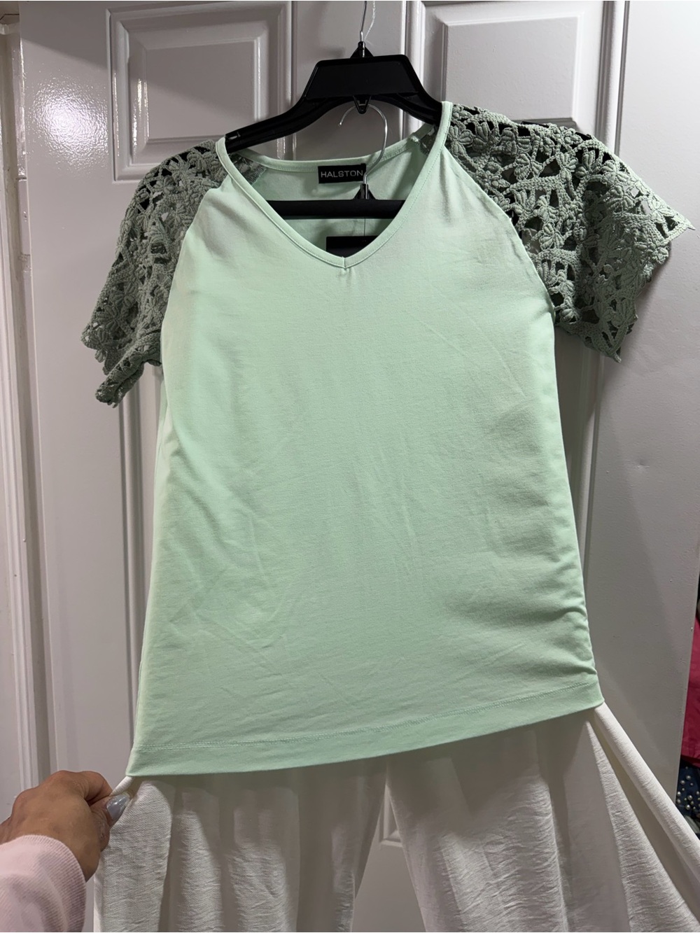 Halston Heritage Mint Green V-Neck Top with Crochet Raglan Sleeves